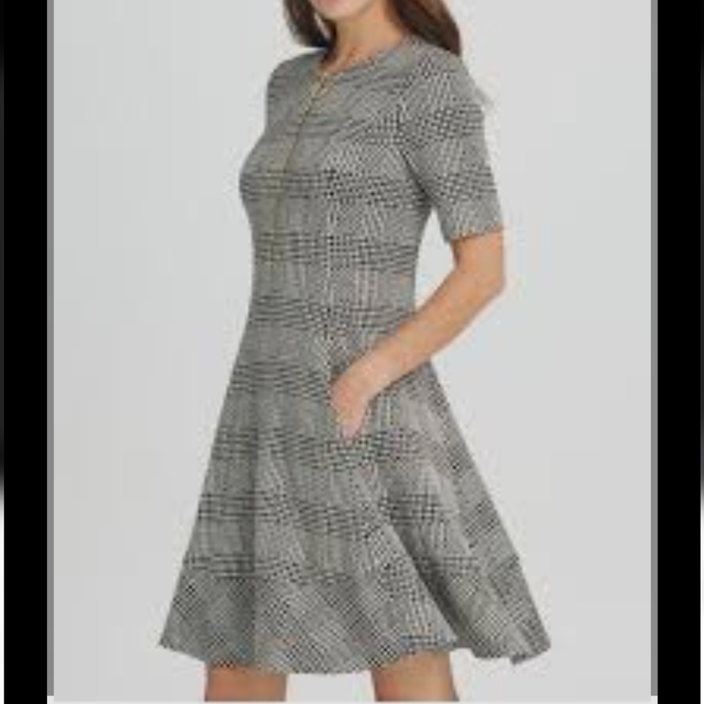 DKNY Black and White A-Line Dress with Exposed Zipper Detail